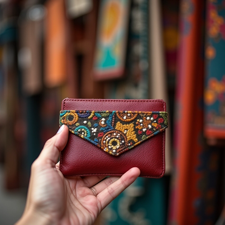 Carteira de mão artesanal em mercado.