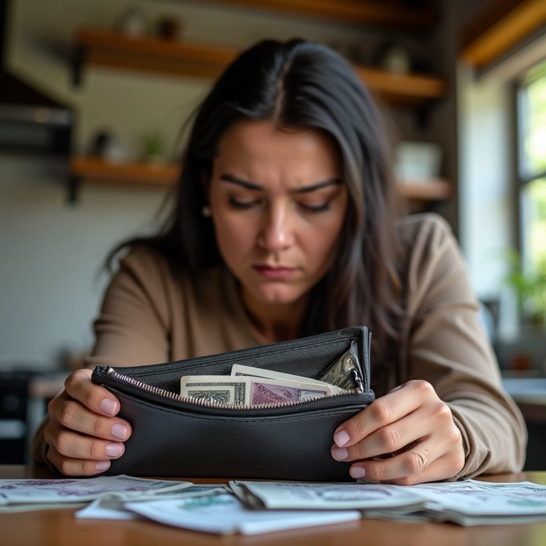 Carteira vazia, mulher estressada, contas na mesa, controle financeiro.