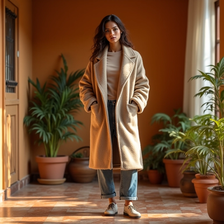 Casaco de lã oversized em ambiente aconchegante com decoração Farm Rio.