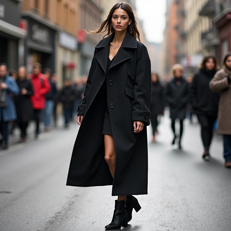 Casaco oversized com botas de salto, valorizando a silhueta.