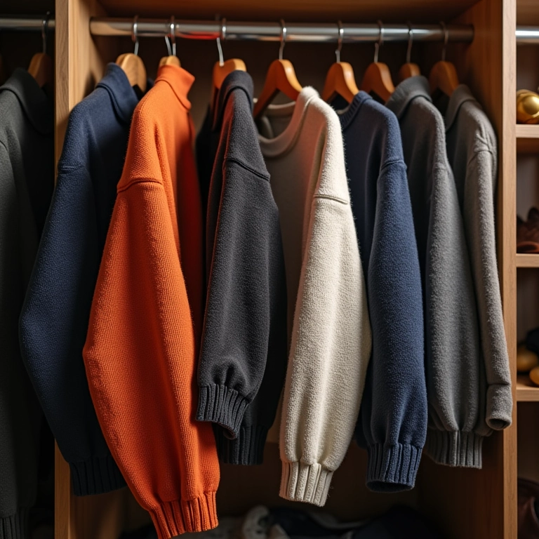 Casacos de lã guardados em sacos de proteção para evitar deformação.