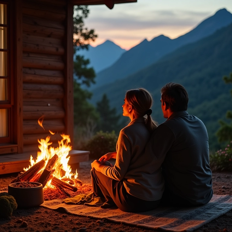 Casal aconchegado em frente à lareira em Monte Verde.