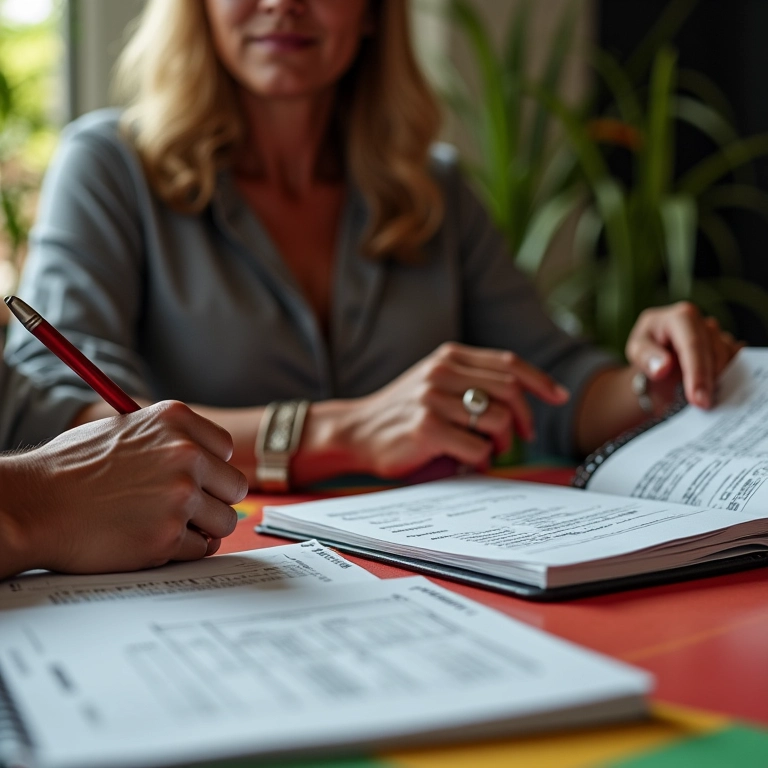 Casal analisando documentos financeiros e planejando orçamento em mesa colorida.