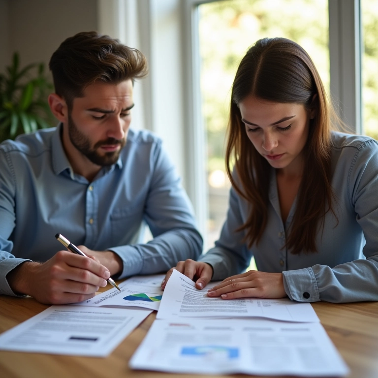 Casal analisando extratos bancários com seriedade