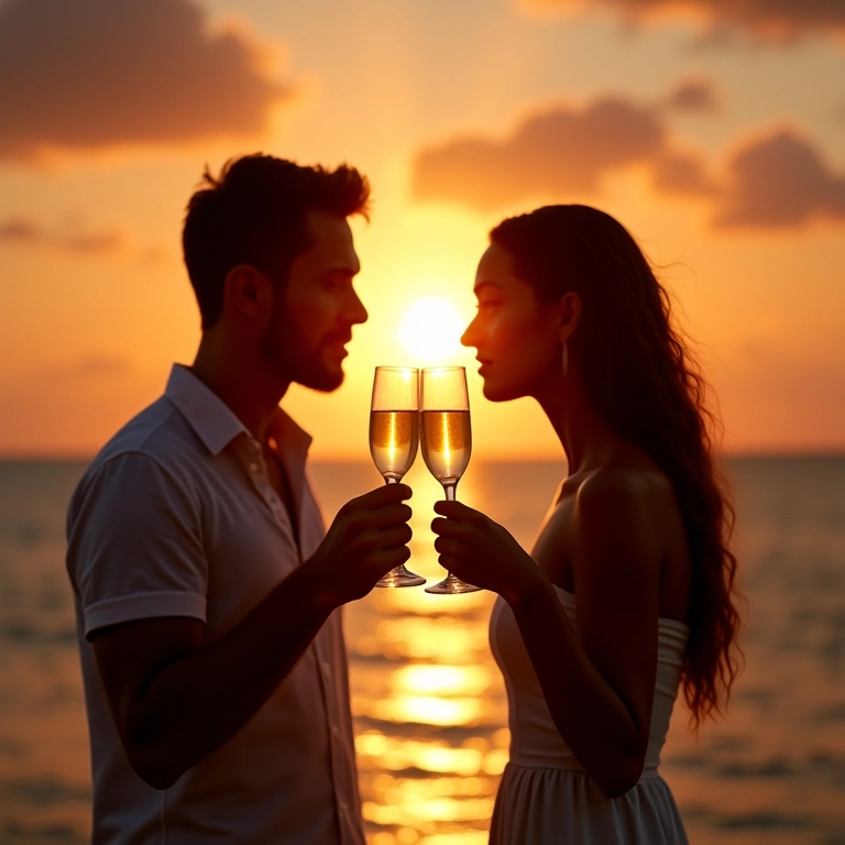 Casal apaixonado brindando ao pôr do sol em praia tropical.