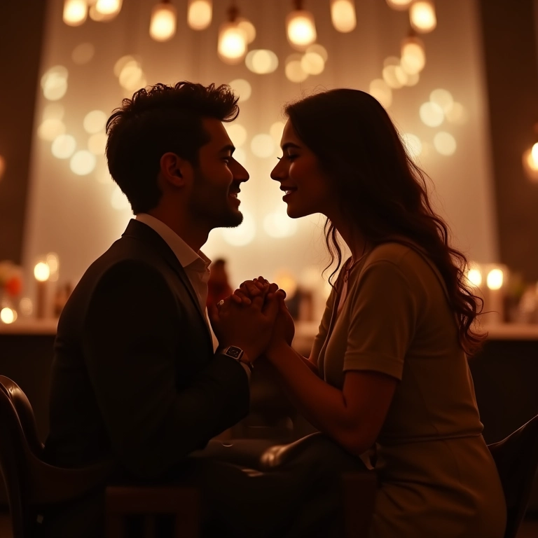 Casal apaixonado celebrando noivado em restaurante elegante.