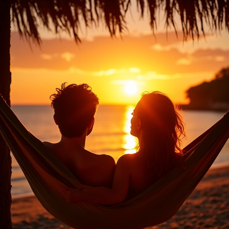 Casal assistindo ao pôr do sol em Jericoacoara de uma rede.