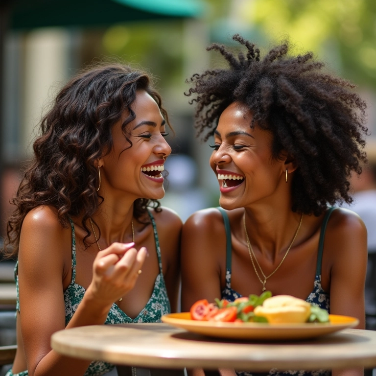Casal brasileiro sorrindo e compartilhando refeição em café ao ar livre.