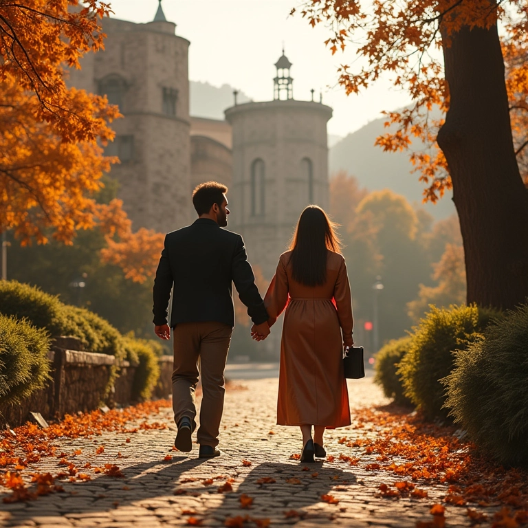 Casal caminhando de mãos dadas em Gramado com arquitetura europeia.