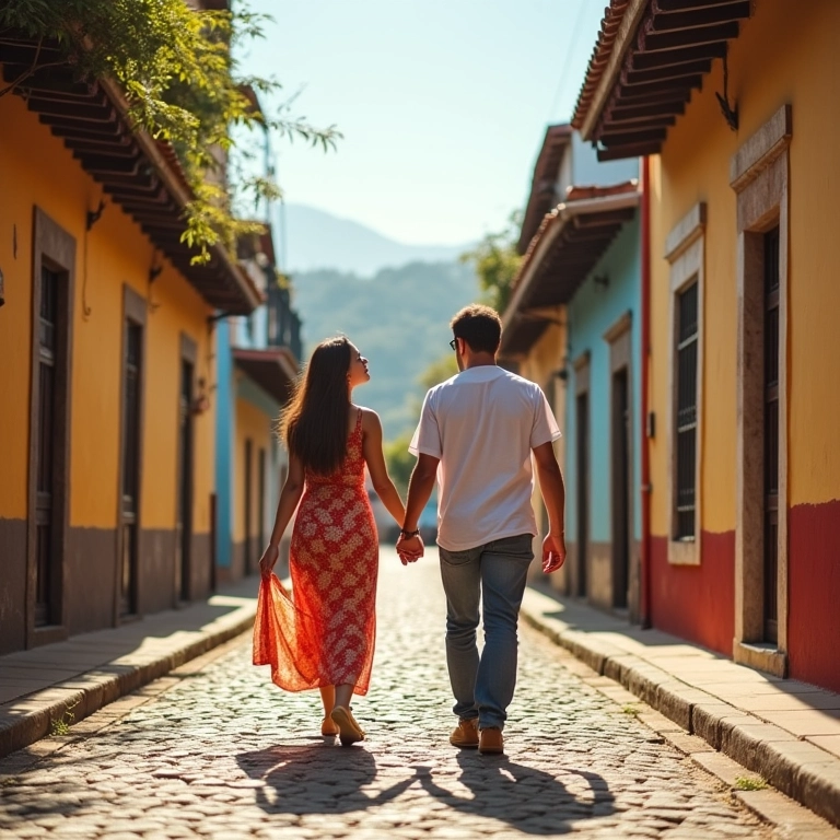 Casal caminhando de mãos dadas pelas ruas históricas de Paraty.
