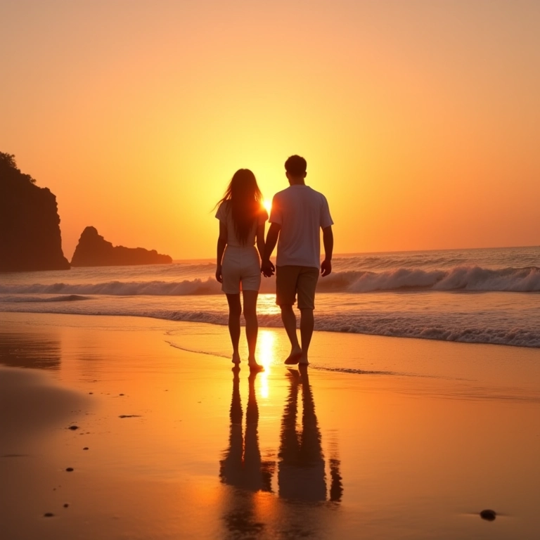 Casal caminhando na praia ao pôr do sol no Txai Resort Itacaré, Bahia.