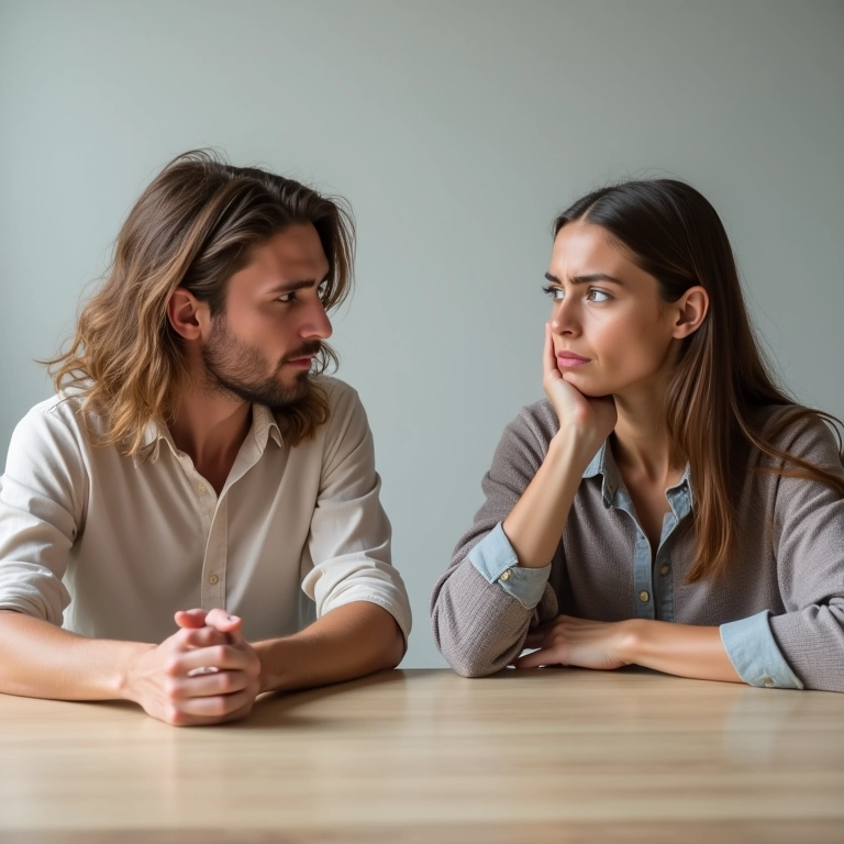 Casal com expressões diferentes discutindo opiniões sobre finanças.