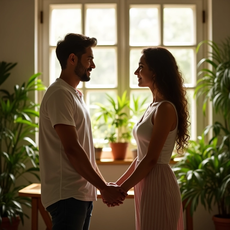 Casal conversando abertamente em casa, resolvendo conflitos.