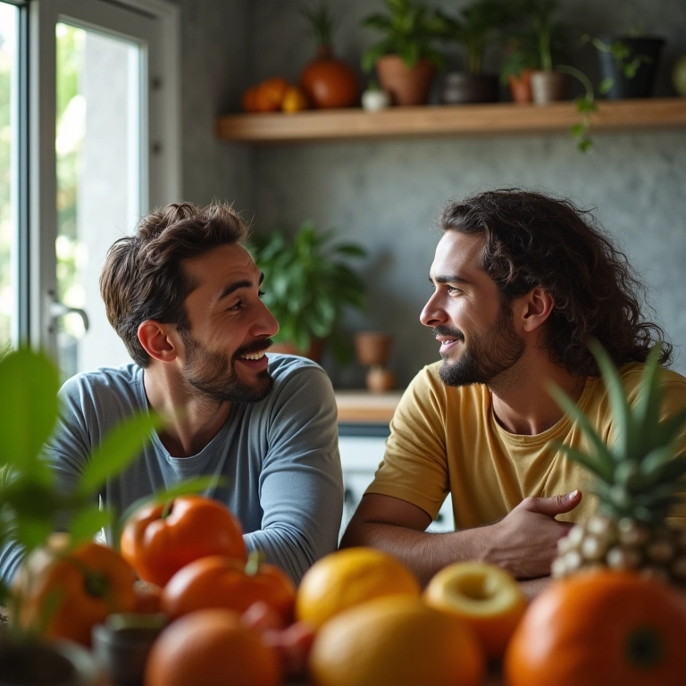 Casal conversando calmamente em uma cozinha iluminada, resolvendo conflitos com diálogo.