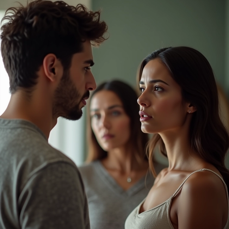 Casal conversando com sogra preocupada ao fundo.