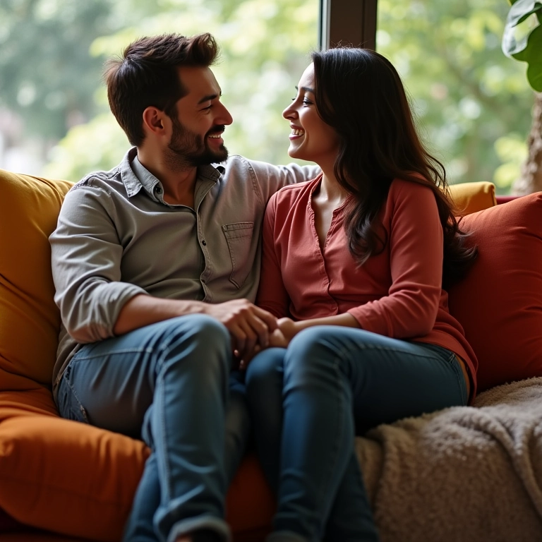 Casal conversando e sorrindo em um sofá colorido.
