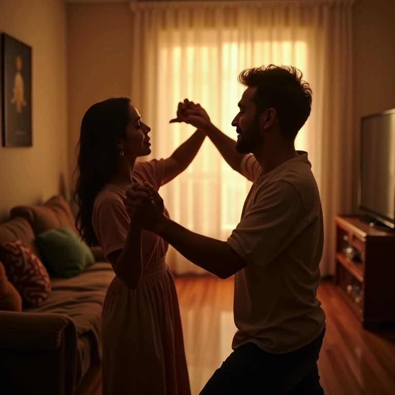 Casal dançando em sua sala de estar, mantendo a chama acesa com momentos de intimidade.
