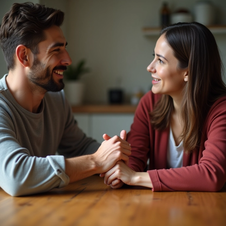 Casal de mãos dadas à mesa, demonstrando apoio e iniciando conversa sobre dinheiro.