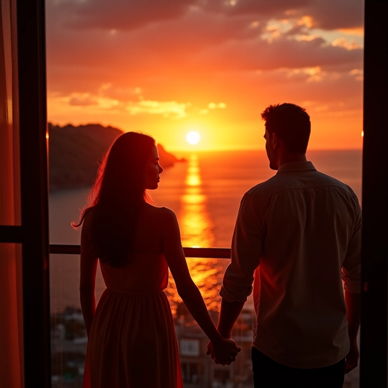 Casal de mãos dadas assistindo ao pôr do sol na varanda.
