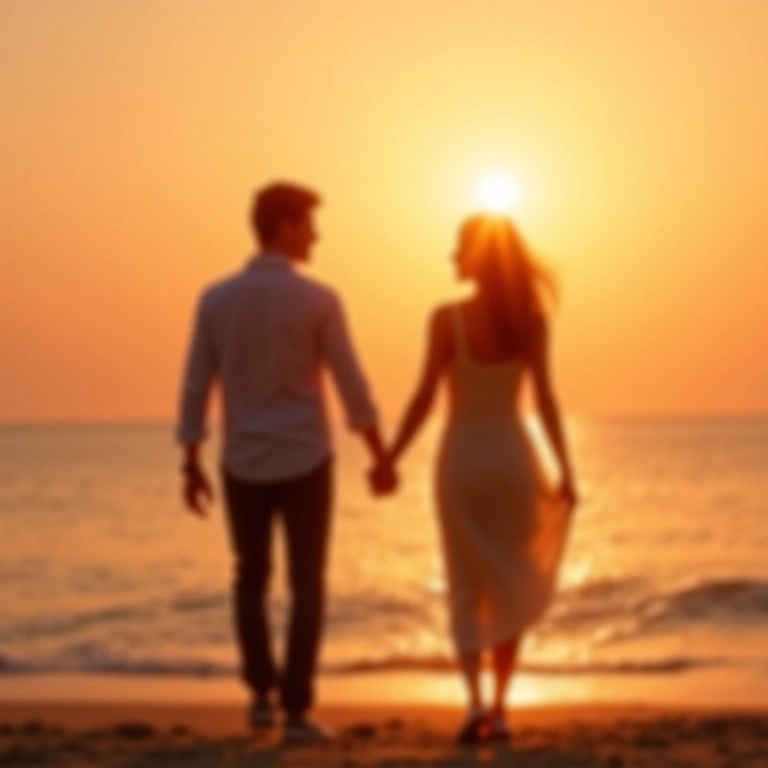 Casal de mãos dadas na praia ao pôr do sol, representando o romantismo à moda antiga do signo de Câncer.