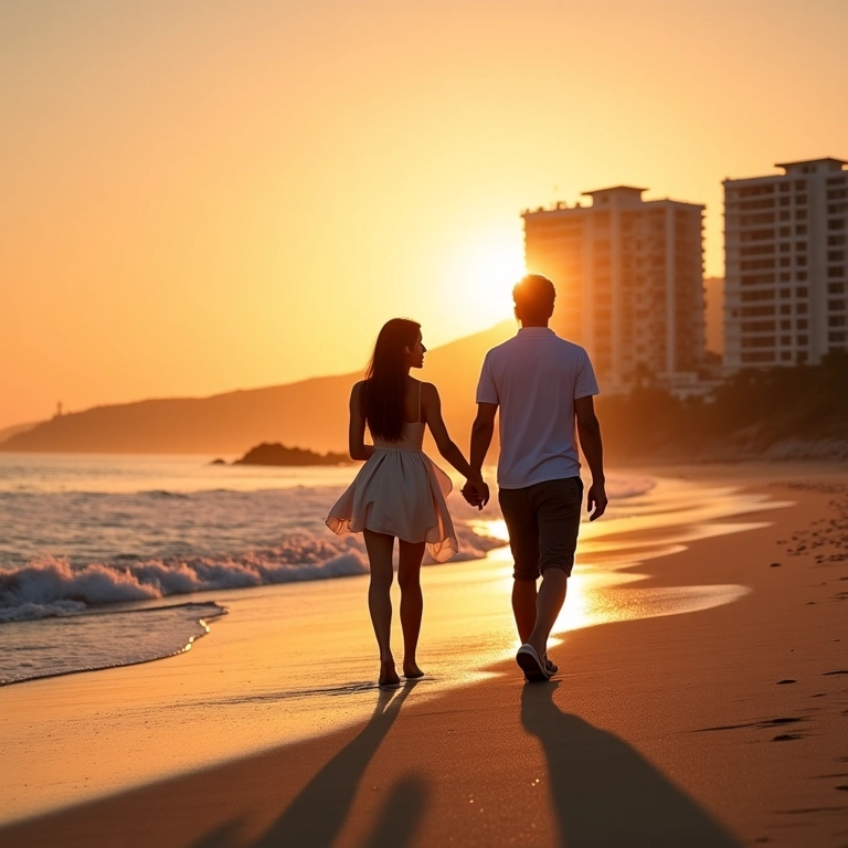 Casal de mãos dadas na praia de Balneário Camboriú ao pôr do sol, com prédios luxuosos ao fundo.