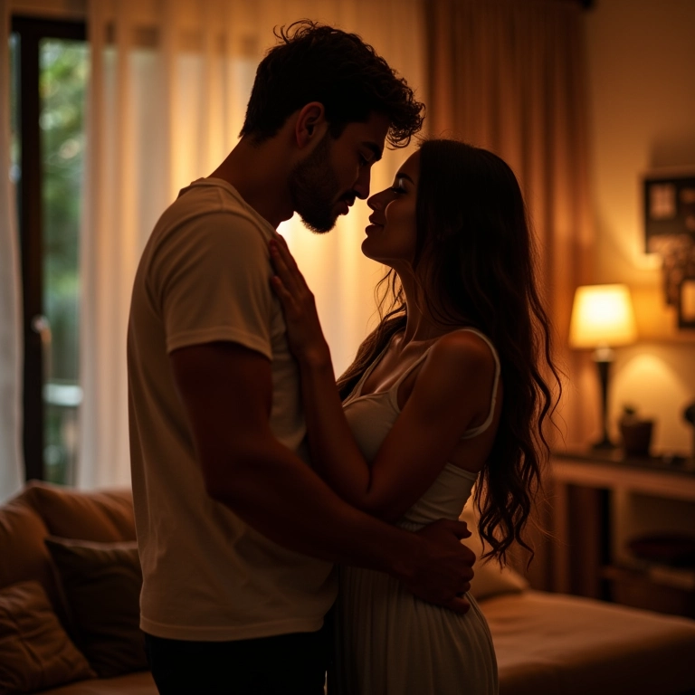 Casal de Touro em momento íntimo em um apartamento aconchegante com estilo brasileiro.