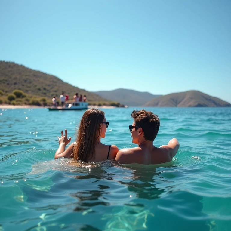 Casal desfrutando de um passeio de barco em Arraial do Cabo com água cristalina.