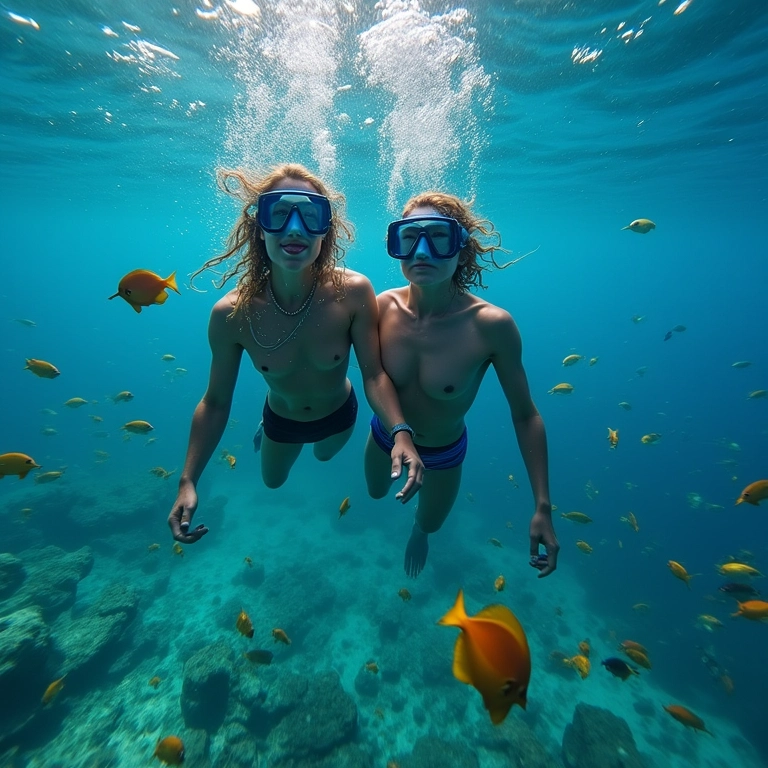 Casal diverso mergulhando em águas cristalinas de Fernando de Noronha.