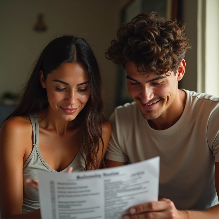 Casal em apartamento aconchegante, mulher virginiana analisando lista de relacionamento.