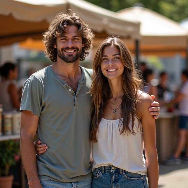 Casal em looks casuais e relaxados em um mercado de final de semana.