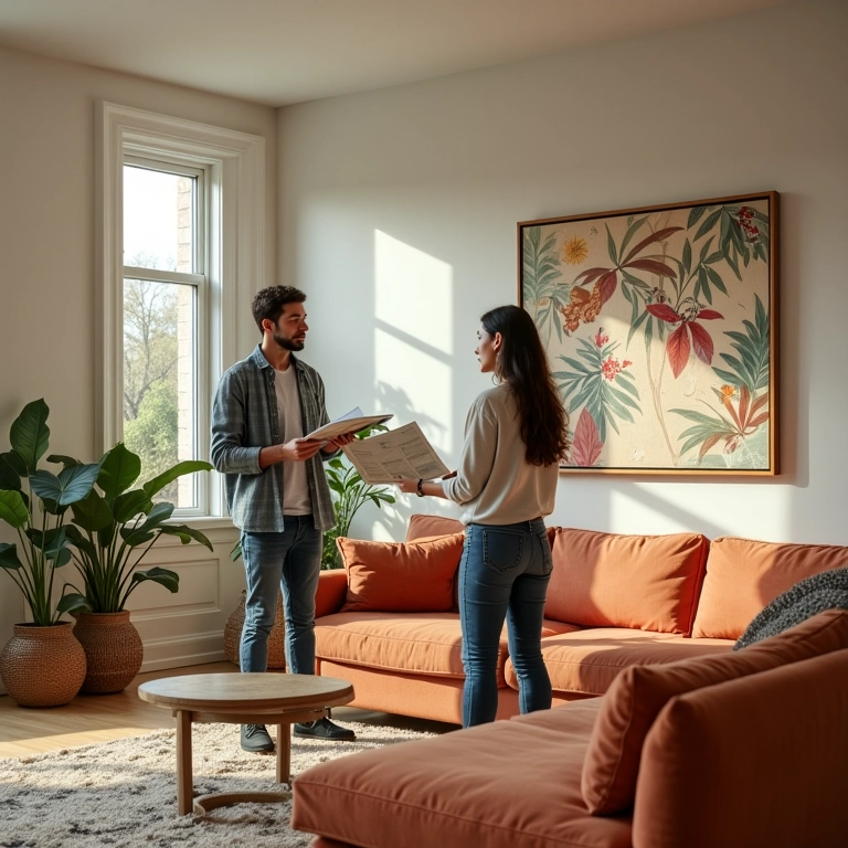 Casal escolhendo papel de parede em sala de estar vibrante e aconchegante.
