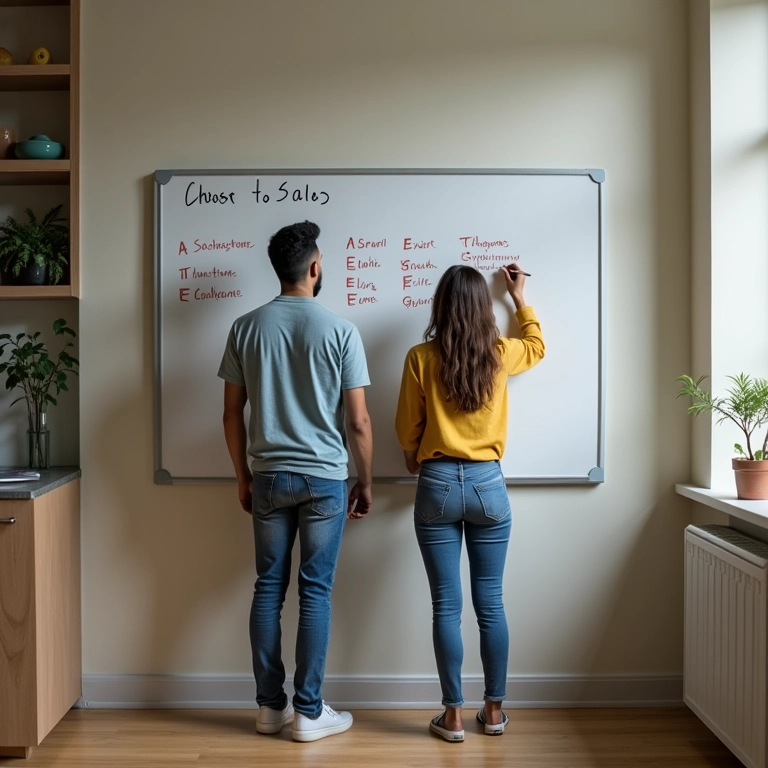Casal escrevendo metas financeiras em um quadro branco