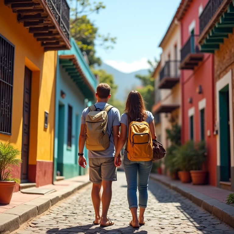 Casal explorando as ruas coloridas de Paraty com arquitetura colonial.