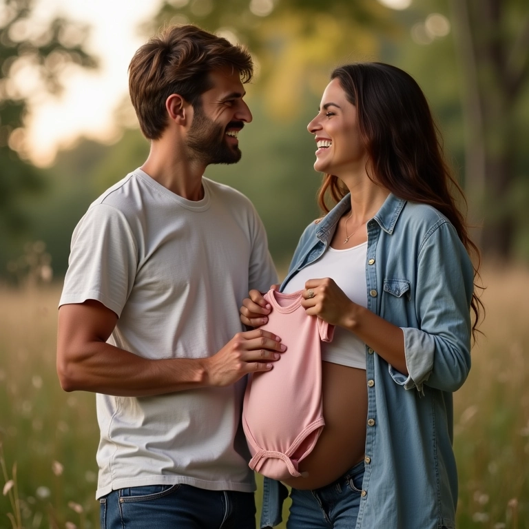 Casal grávido rindo, segurando roupinhas de bebê.