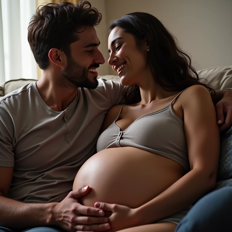 Casal grávido se abraçando no sofá, fortalecendo o vínculo amoroso.