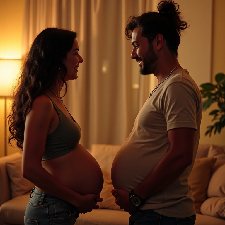 Casal grávido sorrindo em sala aconchegante, desmistificando crenças sobre sexo na gravidez.