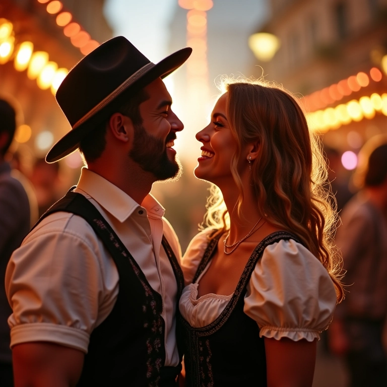 Casal na Oktoberfest de Blumenau, vestidos com trajes típicos alemães.