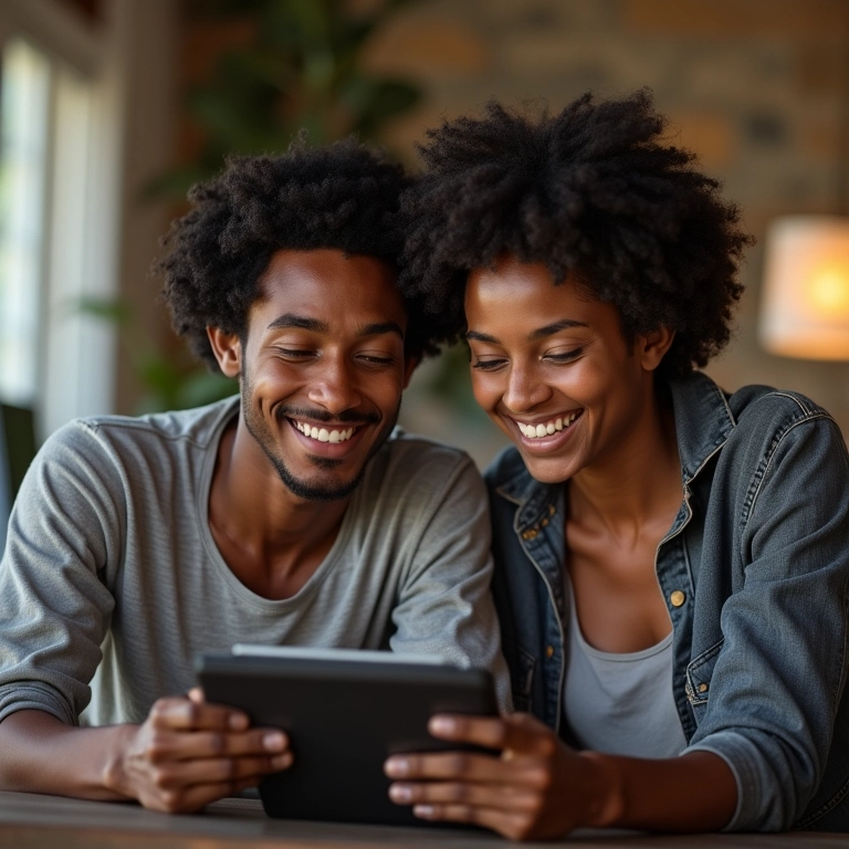 Casal pesquisando destinos de viagem acessíveis em um tablet.