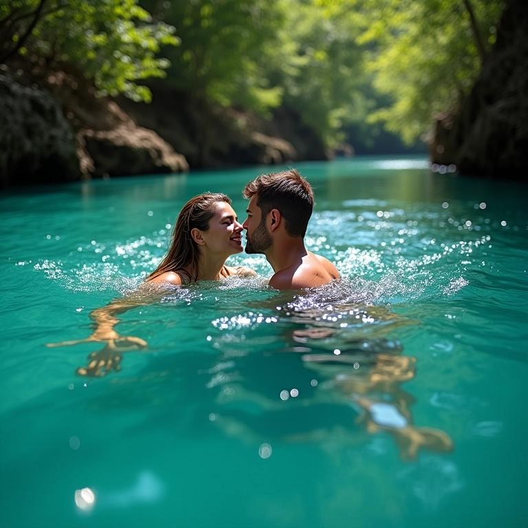 Casal praticando snorkel em rio de águas cristalinas em Bonito.
