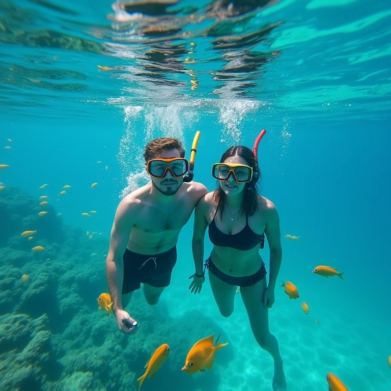 Casal praticando snorkeling em Bombinhas, com água cristalina e peixes coloridos.