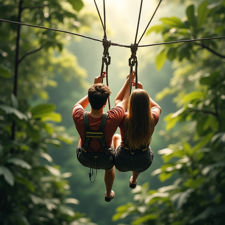 Casal praticando tirolesa na exuberante natureza de Bonito.