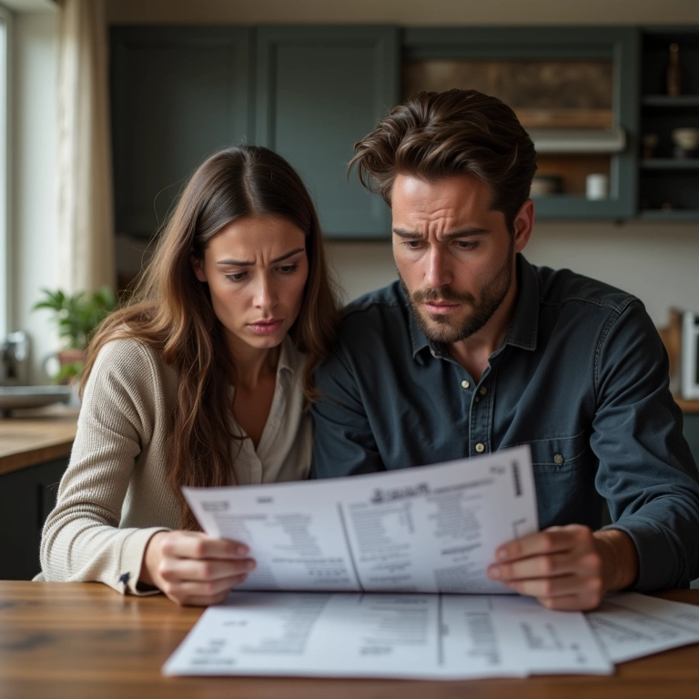 Casal preocupado analisando contas inesperadas na mesa da cozinha.