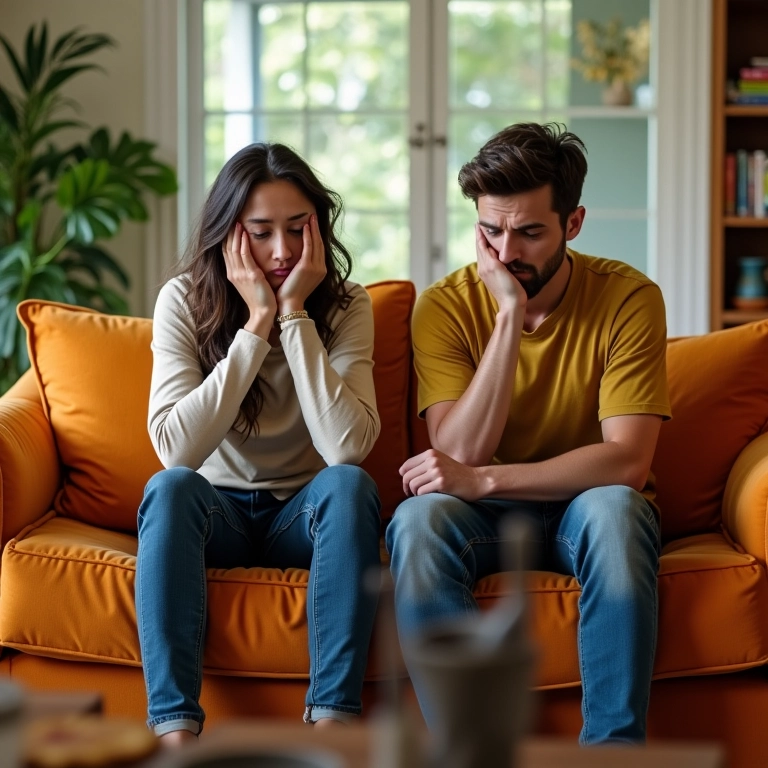 Casal preocupado sentado em um sofá, crise no casamento.