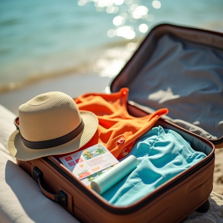 Casal preparando mala para viagem à praia tropical com itens essenciais.