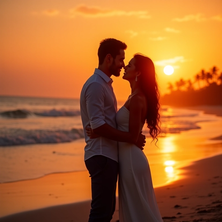 Casal recém-casado em lua de mel em praia brasileira ao pôr do sol.