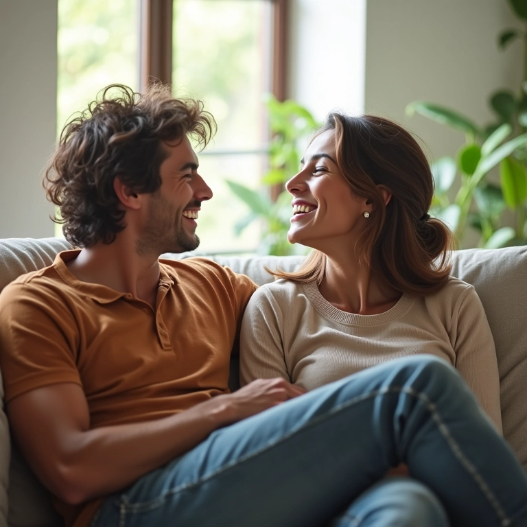 Casal relaxado no sofá, sorrindo e conversando abertamente sobre finanças.