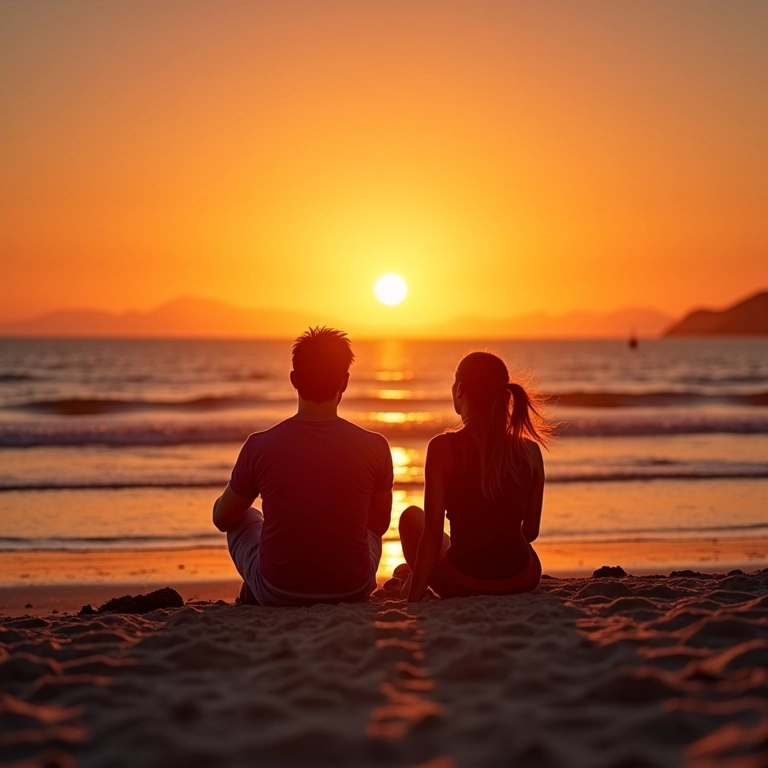 Casal relaxando na praia da Joaquina, Florianópolis, com um pôr do sol vibrante.