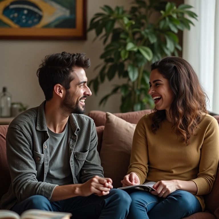 Casal rindo e conversando em uma sala aconchegante com decoração brasileira, livros e arte.