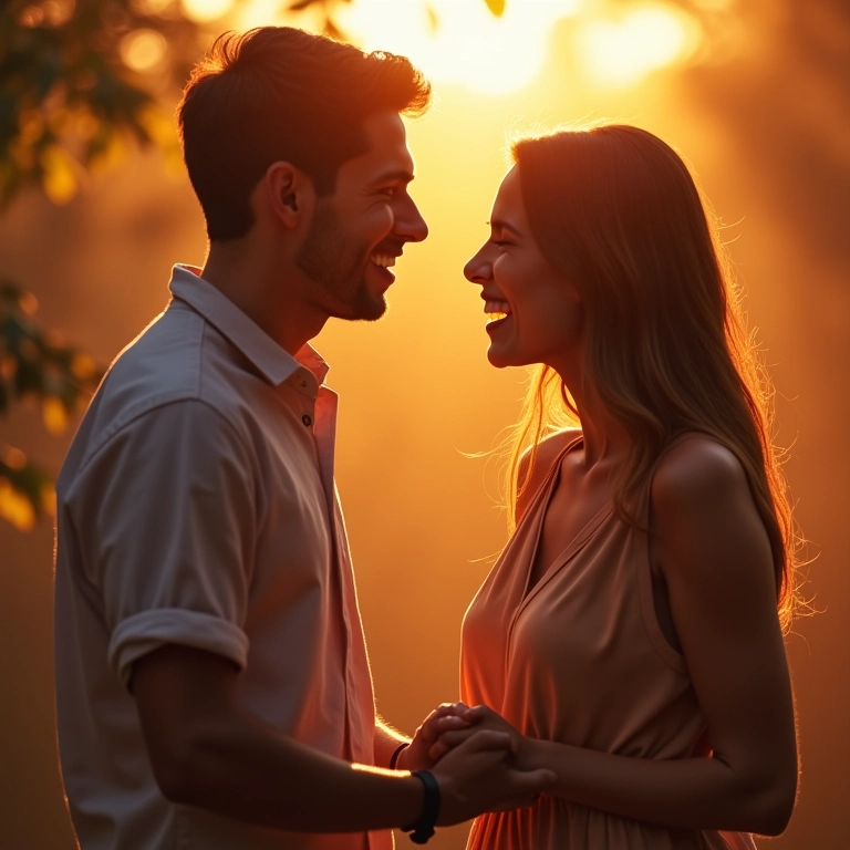 Casal rindo e de mãos dadas, um olhando triste com a cabeça baixa, representando desafios no amor.
