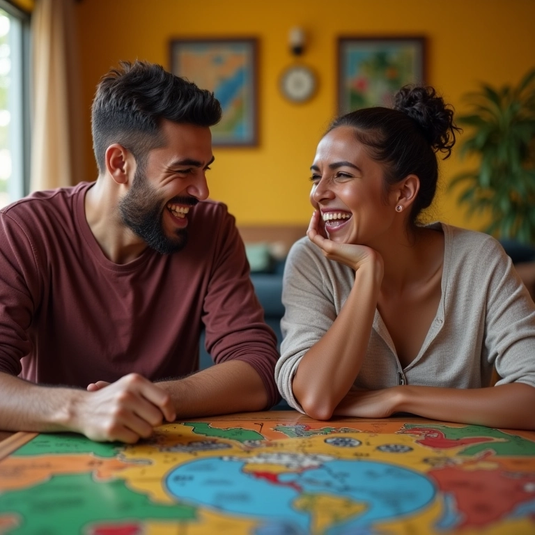 Casal rindo jogando um jogo de tabuleiro na sala.